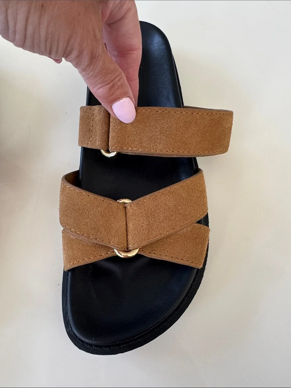 Zara Tan Suede Double-Strap Slide Sandals with Gold Accent-size 39 - Picture 3 of 9